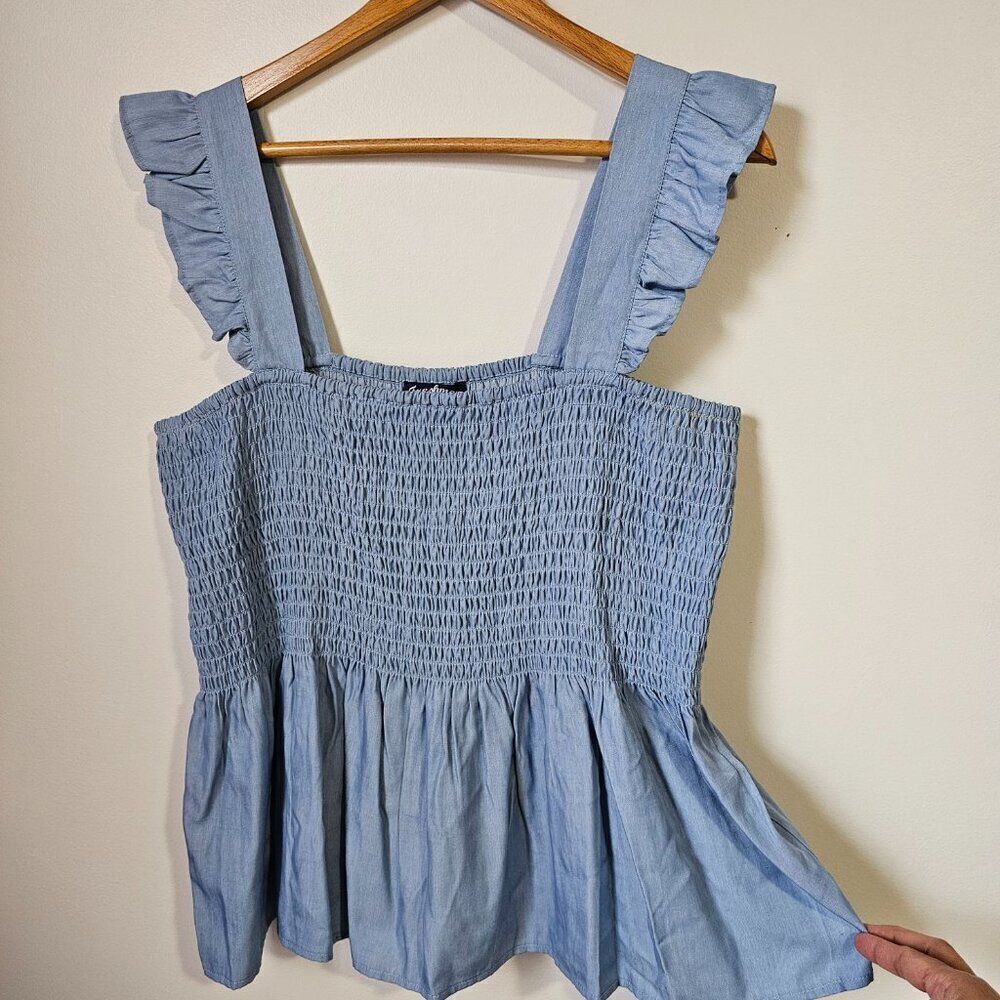 NWOT FRESHMAN CHAMBRAY RUFFLED SMOCKED TANK TOP SIZE XL